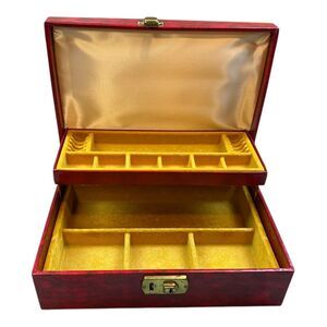 VTG Mid Century Mele & Co Jewelry Box 2 Tier Velvet Satin Maroon Fleur de Lis